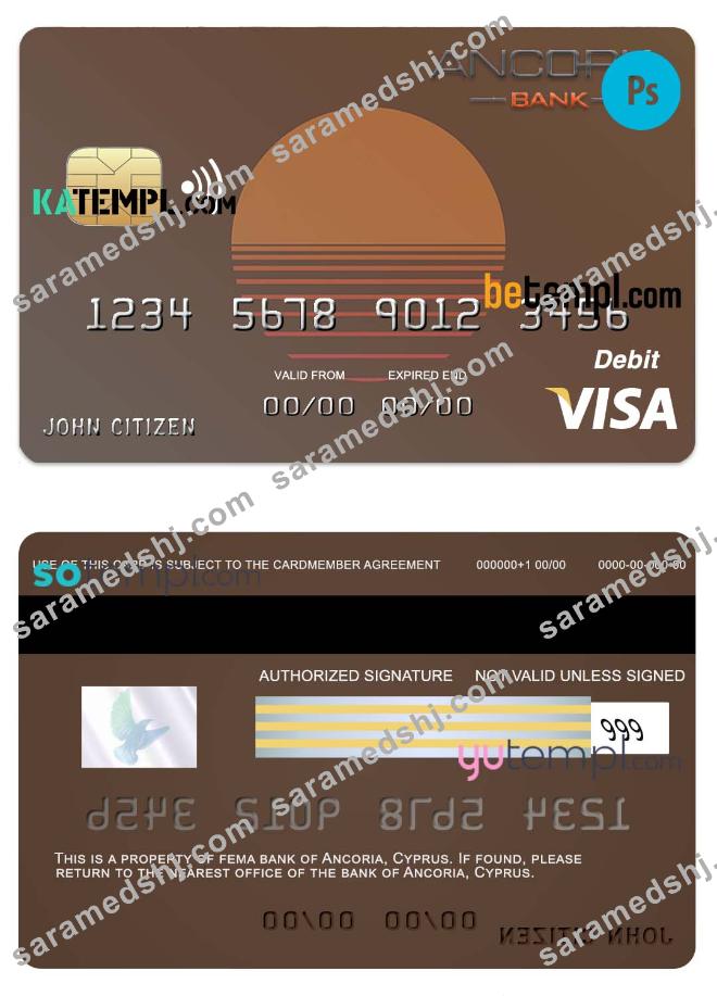 Cyprus Ancoria bank visa credit card template in PSD format, fully editable